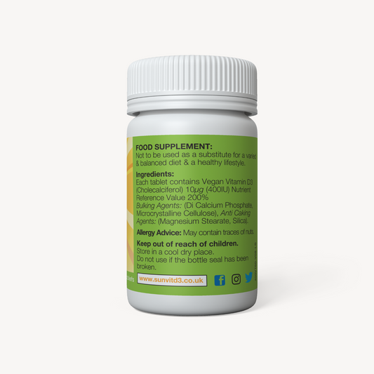 Vitamin D3 400IU (10ug) 60 Daily Strength Tablets, Natural Plant Based