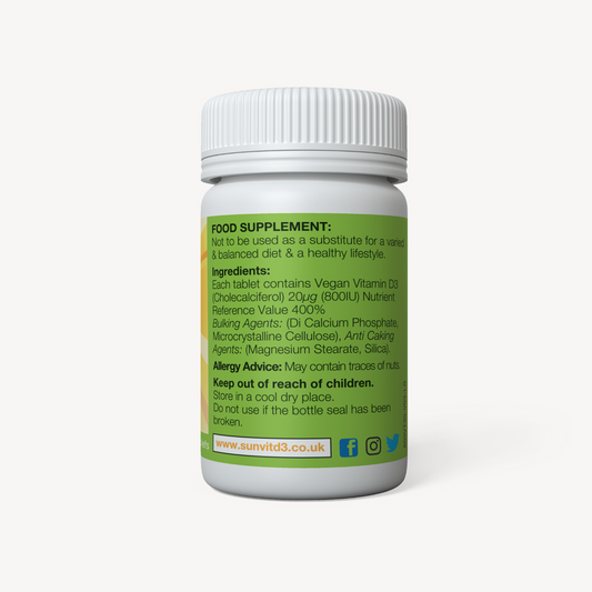 Vitamin D3 800IU (20ug) 30 Daily Strength Tablets, Natural Plant Based